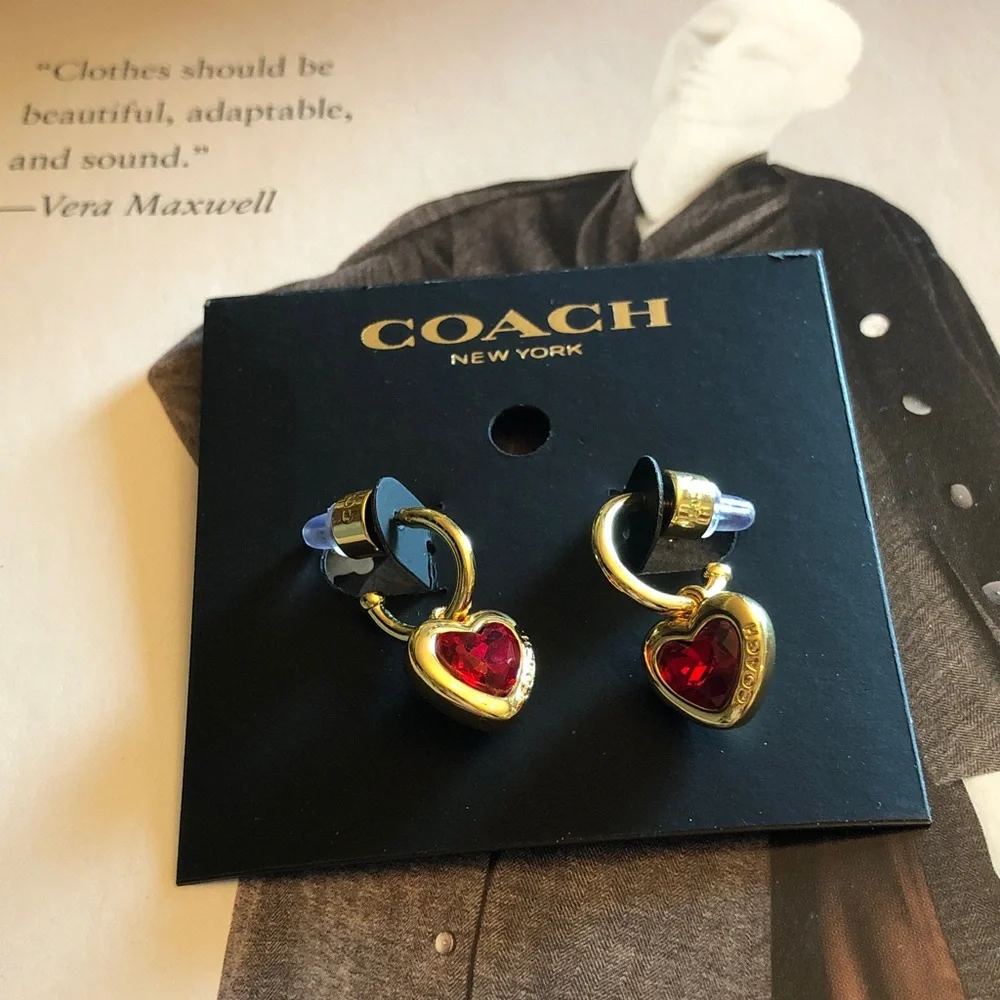 Authentic New on card. COACH Gold Heart Drop Earrings with Red Crystal Centers - Picture 2 of 8